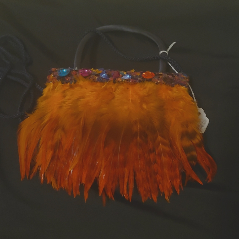 Orange Feather Mini Bag with Jewel Trim